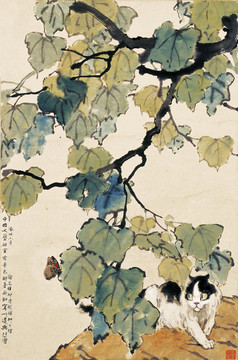 徐悲鴻 梧桐貓蝶圖