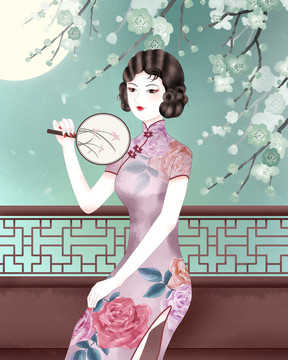 旗袍美女賞月