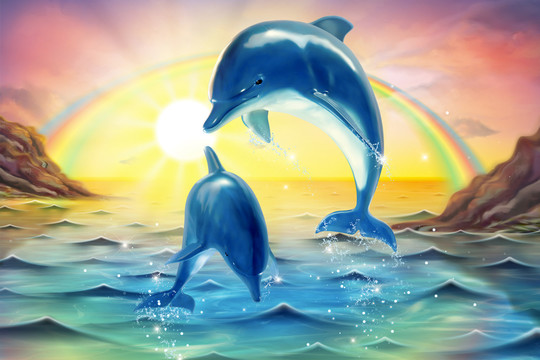 黄昏落日跃身击浪的海豚