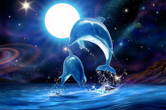 月光下跃身击浪的海豚
