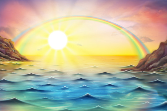 海邊彩虹風景插圖