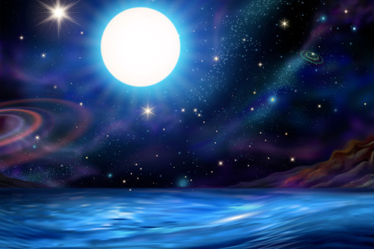 月光照耀海平面 插圖