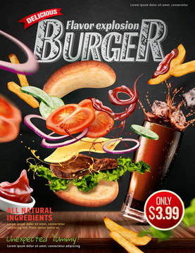快餐汉堡广告与黑板背景