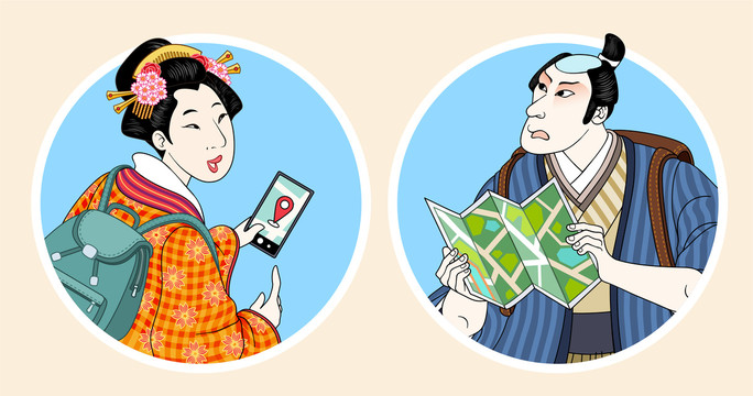 查看地圖的浮世繪風(fēng)背包客