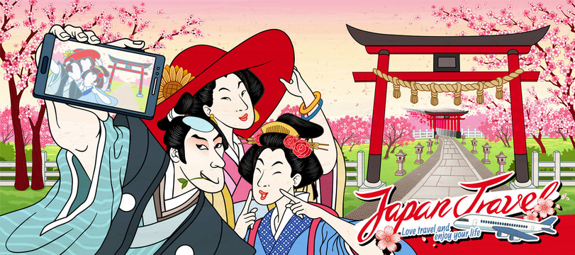鳥(niǎo)居前自拍的浮世繪人物