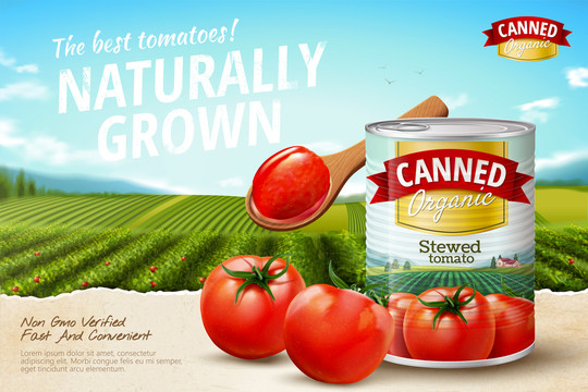 罐装西红柿广告与农田背景