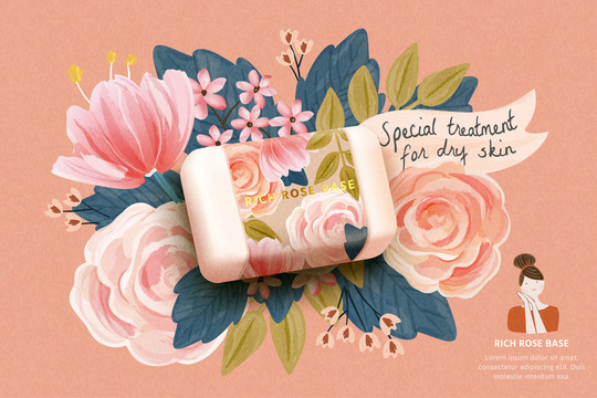 玫瑰手工皂广告与水彩风花朵背景