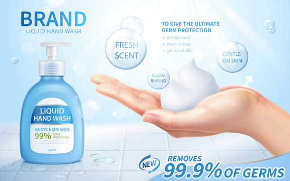 抗菌洗手乳广告与手捧泡沫素材