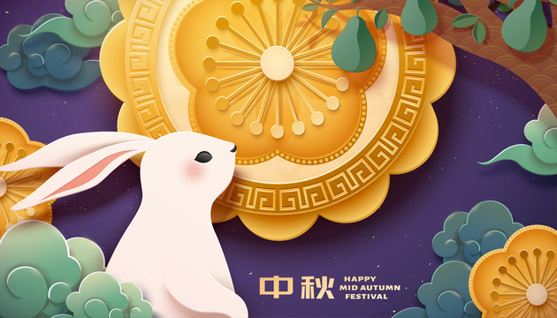 賞月玉兔剪紙風(fēng)插圖