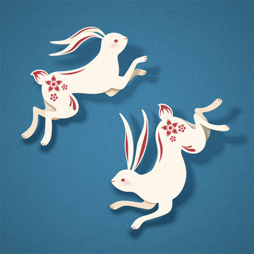 剪纸风跳跃兔子素材