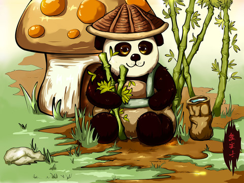 国潮宅熊猫生活创意插画