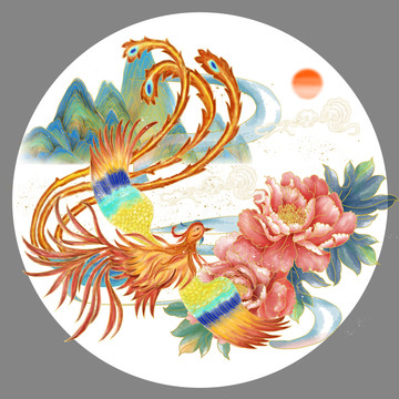 手繪國潮牡丹鳳凰山水