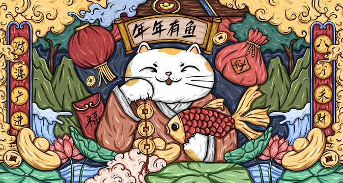 招財(cái)貓國潮插畫