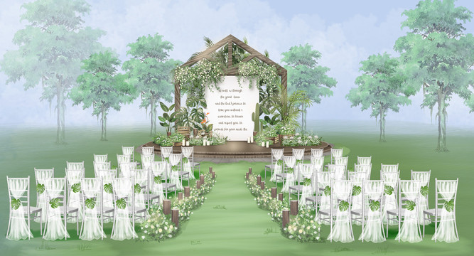 户外白绿草坪婚礼手绘效果图
