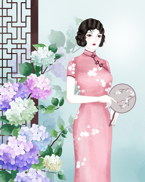 旗袍美人賞花