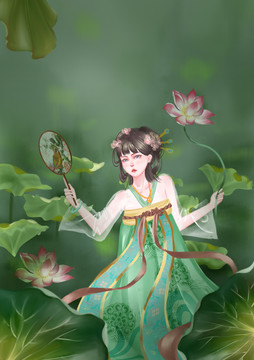 夏季處暑荷花蓮池古風(fēng)漢服女孩