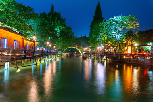 乌镇古镇临水民居老建筑夜景