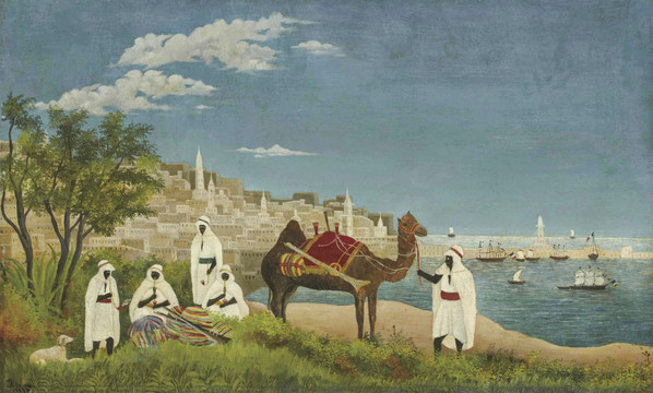 卢梭水边的骆驼和人物油画