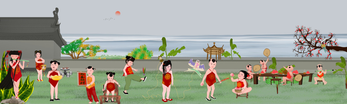 巨幅百子圖草地