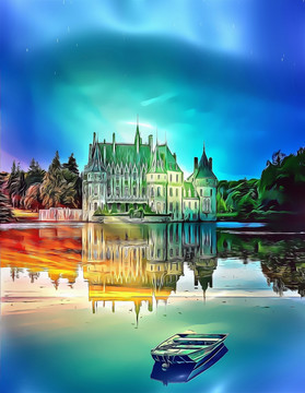 欧式城堡油画风景