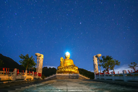 夜晚星空下的莲花大佛