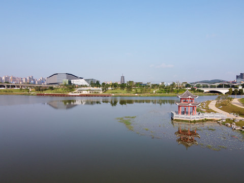 广西南宁五象湖桂象湖水景航拍