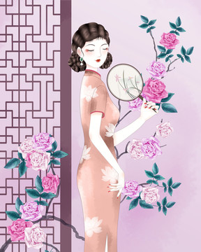 旗袍美人賞花