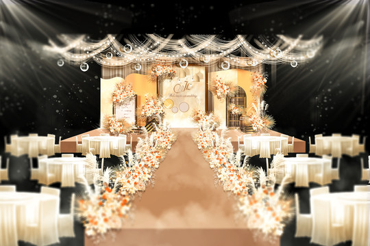田园风手绘婚礼橙色舞台效果图