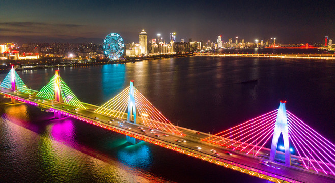 航拍南昌朝阳大桥及立交桥夜景