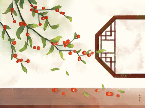 原創(chuàng)手繪紅豆相思古風(fēng)場景插畫