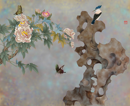 工筆畫芙蓉山石圖