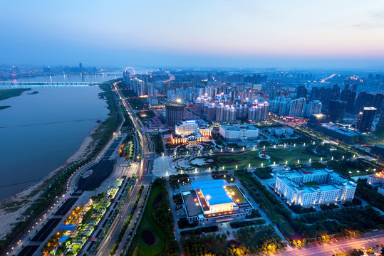 航拍江西南昌红谷滩城市夜景