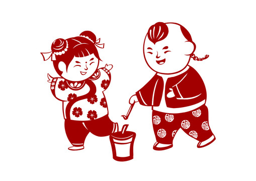 原創(chuàng)剪紙紅色年畫娃娃過年放鞭炮