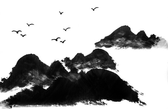 水墨飛鳥遠山