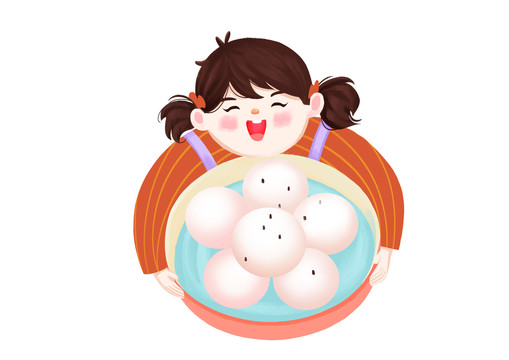 手繪元宵節(jié)小女孩抱著湯圓插畫