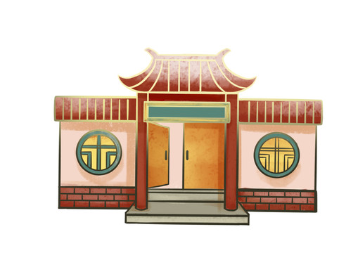 手繪中國風(fēng)房子門樓古典建筑插畫