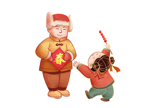 原創(chuàng)手繪人物兒童新年送福插畫(huà)