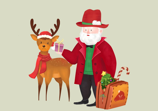 手绘圣诞节卡通圣诞老人和小鹿