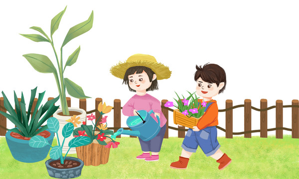 卡通儿童劳动节劳动浇花搬花盆