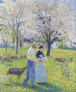 亨利马丁草地上的羊与情侣油画
