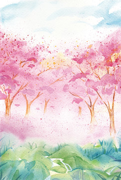 桃花林溪水古風(fēng)插畫