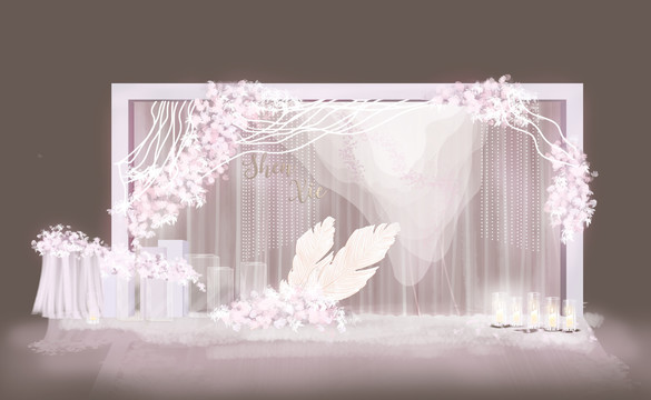 粉色仙氣婚禮迎賓背景手繪圖