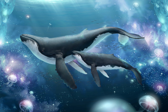 海中与水母悠游的亲子座头鲸插图
