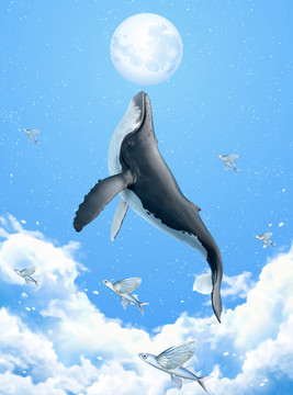 云海之上飛翔的座頭鯨插圖