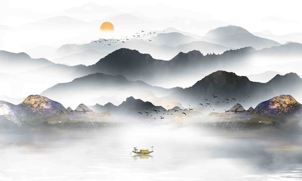 抽象個性水墨山水電視背景墻