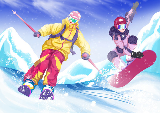 小清新滑雪场两个人滑雪场景插画