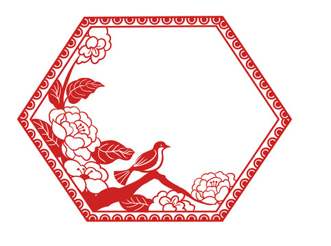红色剪纸风六边形花鸟图案设计