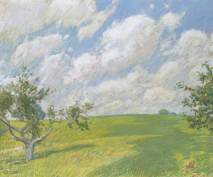 蔡尔德·哈萨姆白云蓝天绿地风景油画