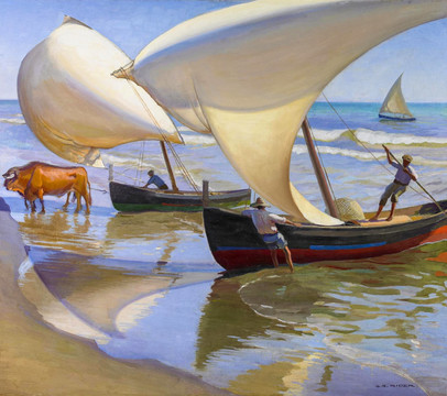 华金索罗拉海岸帆船油画
