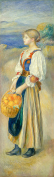 雷诺阿拿着一篮子橘子的女孩
